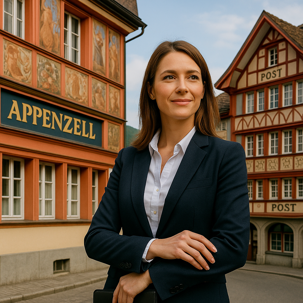 Businessperson in Herisau beim Aufbau einer Firma, mit Alpenpanorama und moderner Architektur