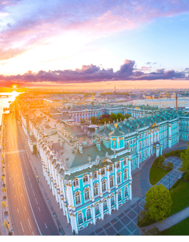 The Hermitage museum in the sunrise with the view on the Neva River