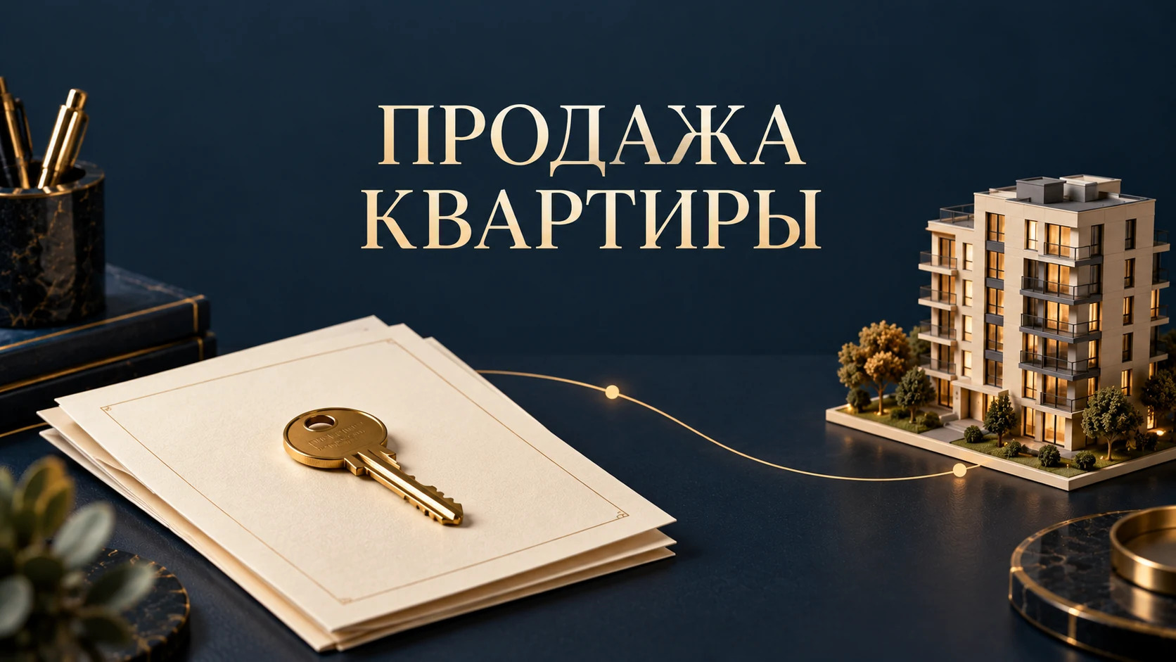 Концептуальная обложка статьи о подготовке к продаже квартиры: документы, ключ и модель жилого дома на тёмно-синем фоне