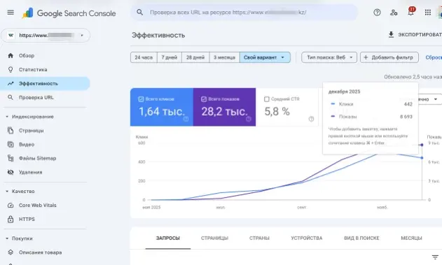 Скриншот Google Search Console: эффективность поисковой выдачи на финише проекта