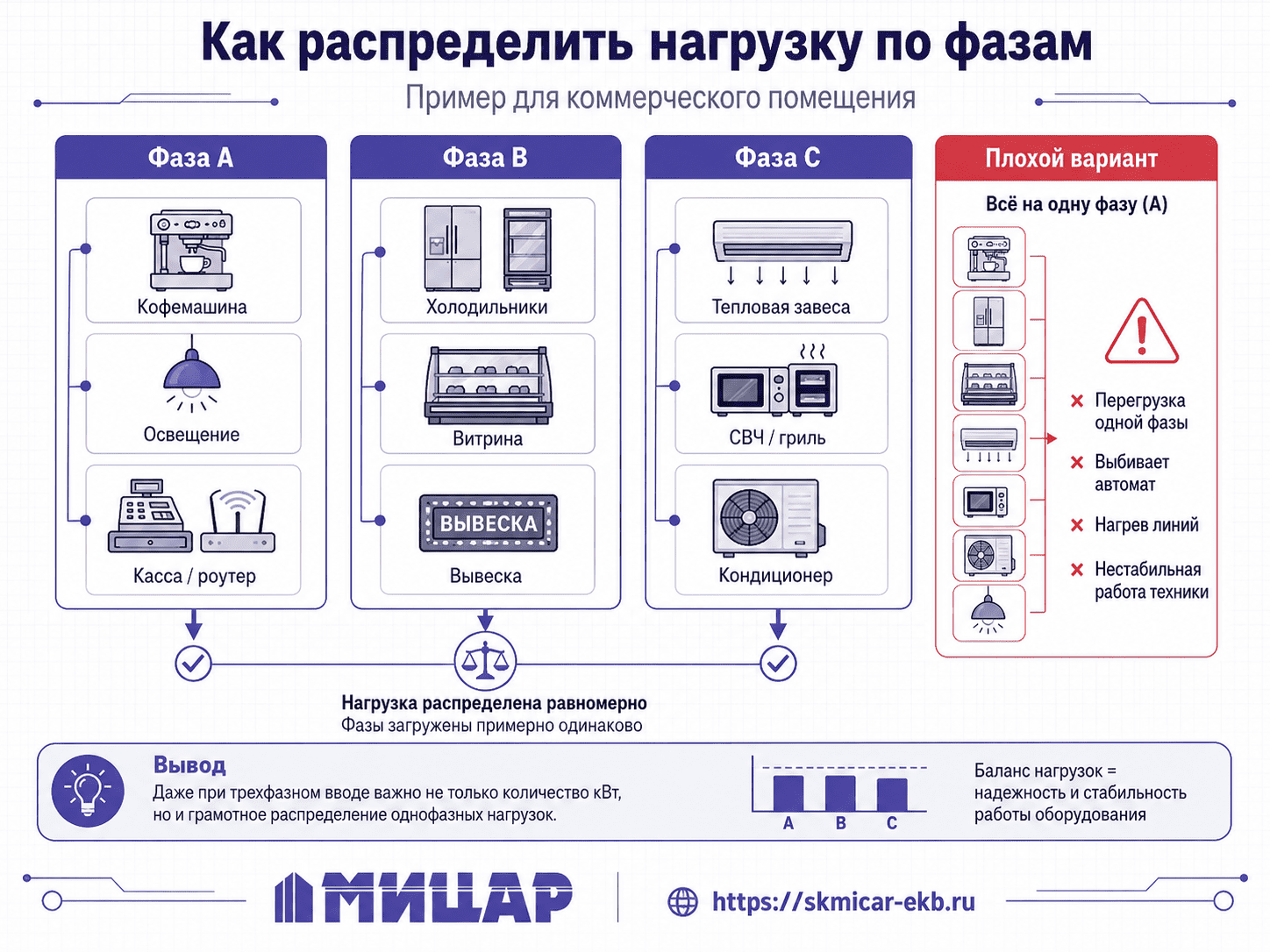 Схема: как распределить нагрузку по фазам
