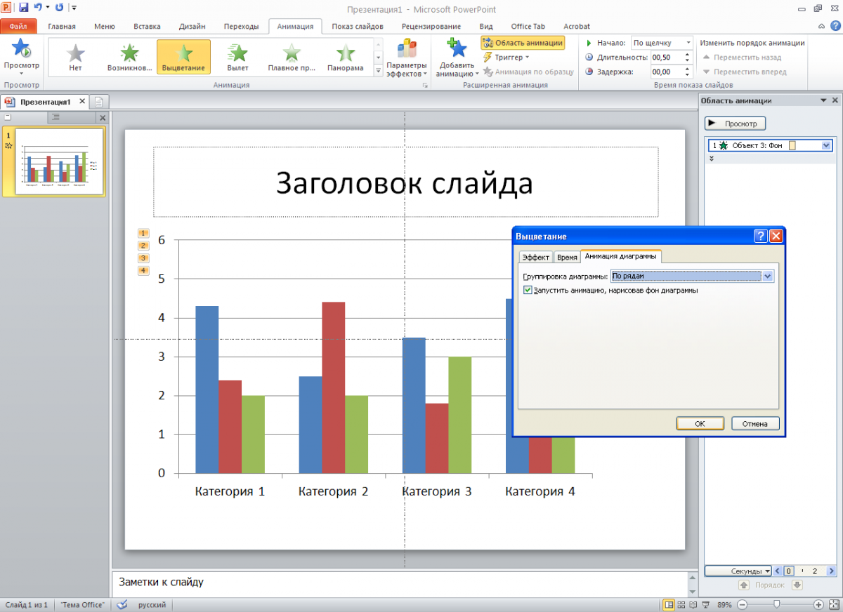 Поэтапное отображение диаграммы на слайде