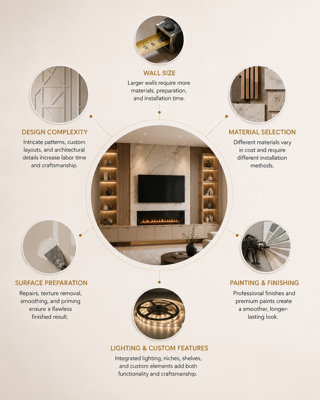 Architectural infographic illustrating the key factors that influence custom accent wall pricing, including wall size, materials, design complexity, painting, preparation, and lighting.
