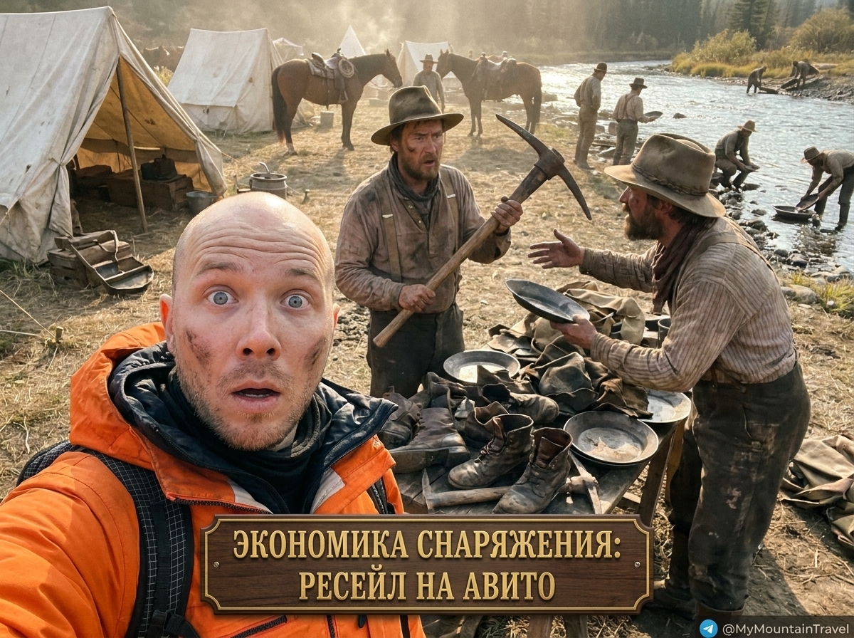 Человек покупает туристическое снаряжение через приложение на смартфоне