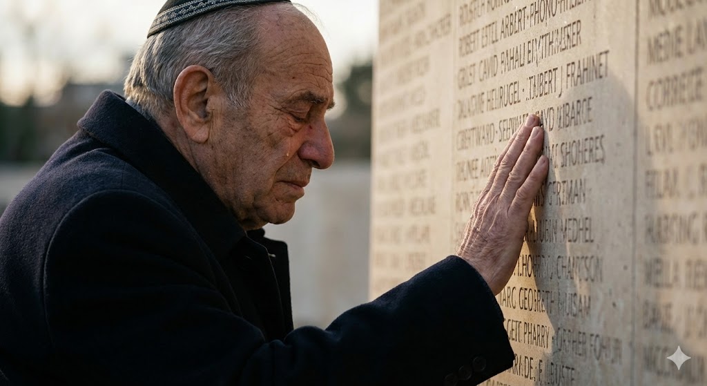 Пожилой человек возлагает руку на стену памяти с именами жертв Холокоста 