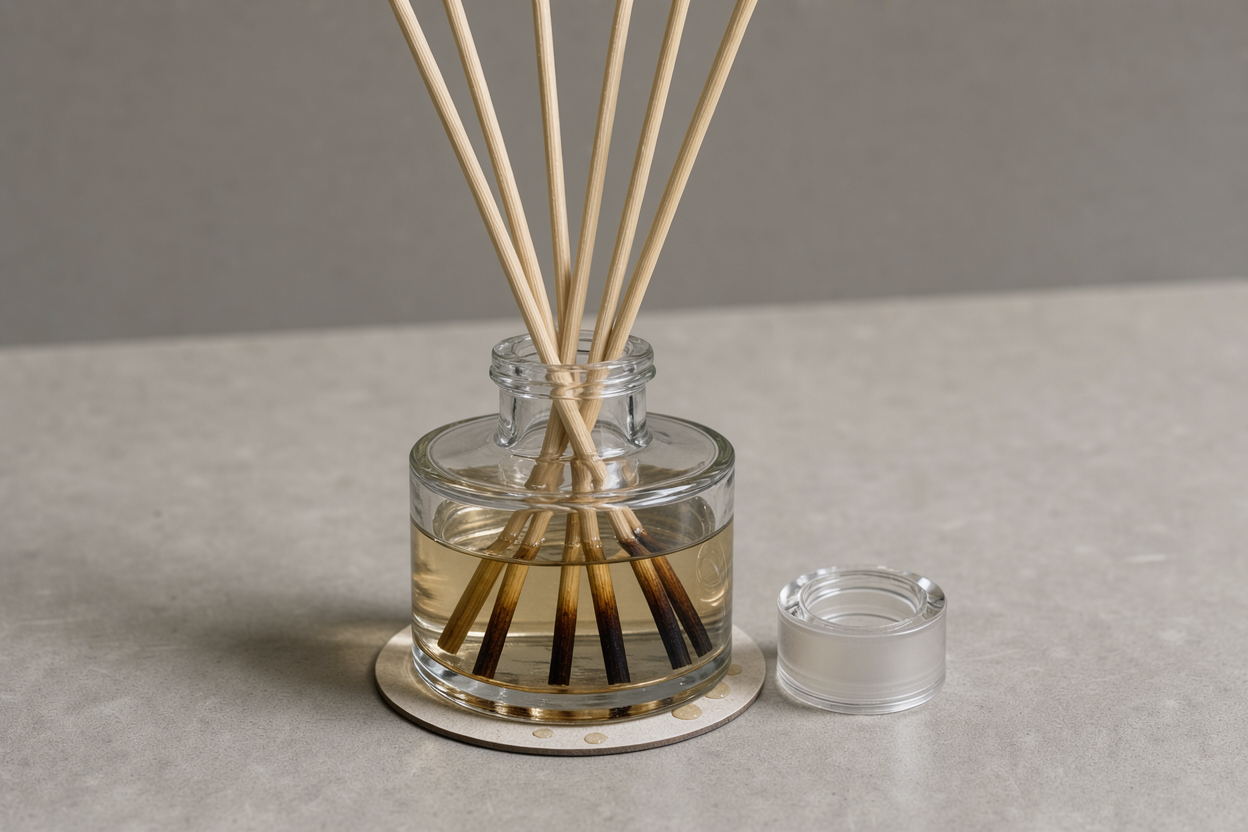 close-up of a small glass bottle with reed sticks soaked in liquid, label-free, neutral background, showing cap and openings