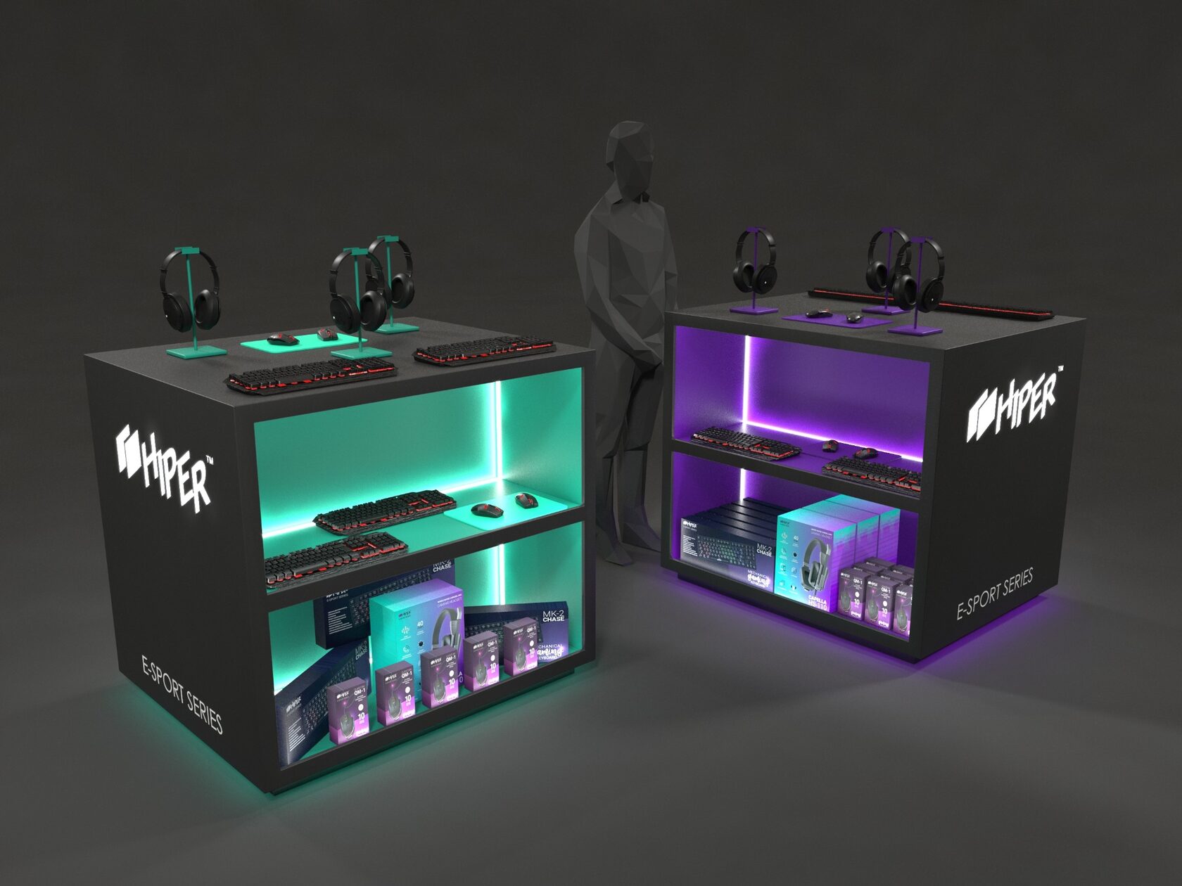 HIPER: два островных демонстрационных модуля для игровых аксессуаров с бирюзовой и фиолетовой подсветкой