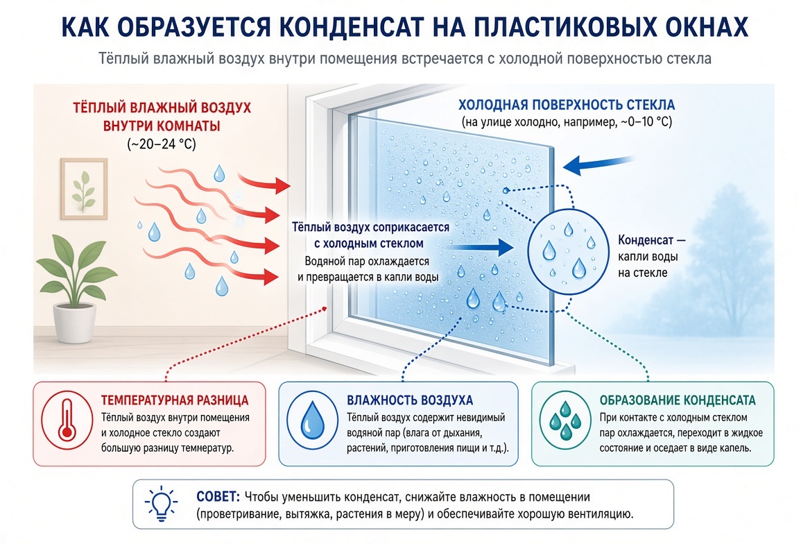 Схема образования конденсата: тёплый влажный воздух встречается с холодной поверхностью стекла