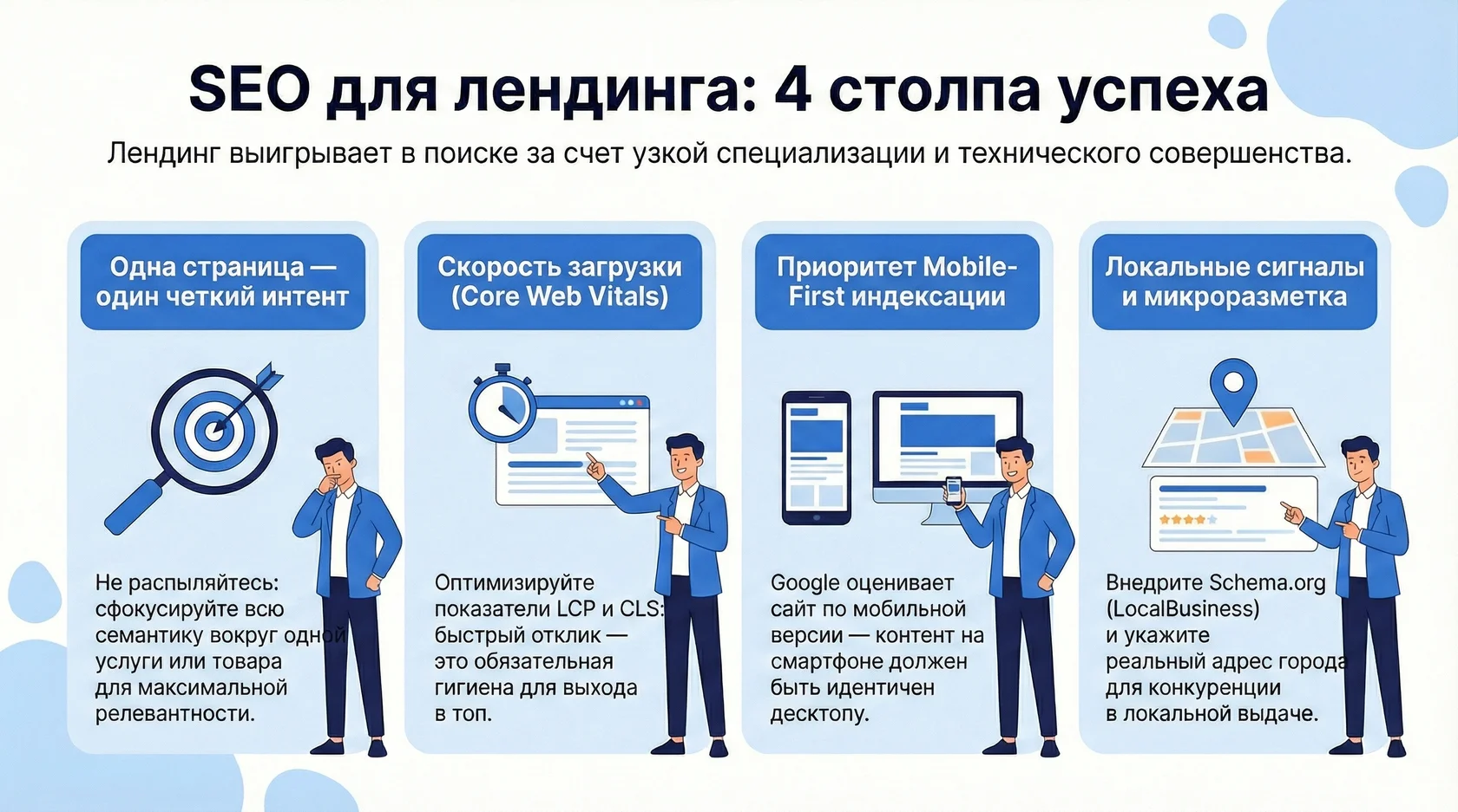 Инфографика: 4 столпа успеха seo для лендинга включая интент скорость загрузки mobile-first и локальные сигналы.