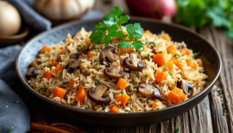 рис с грибами на сковороде