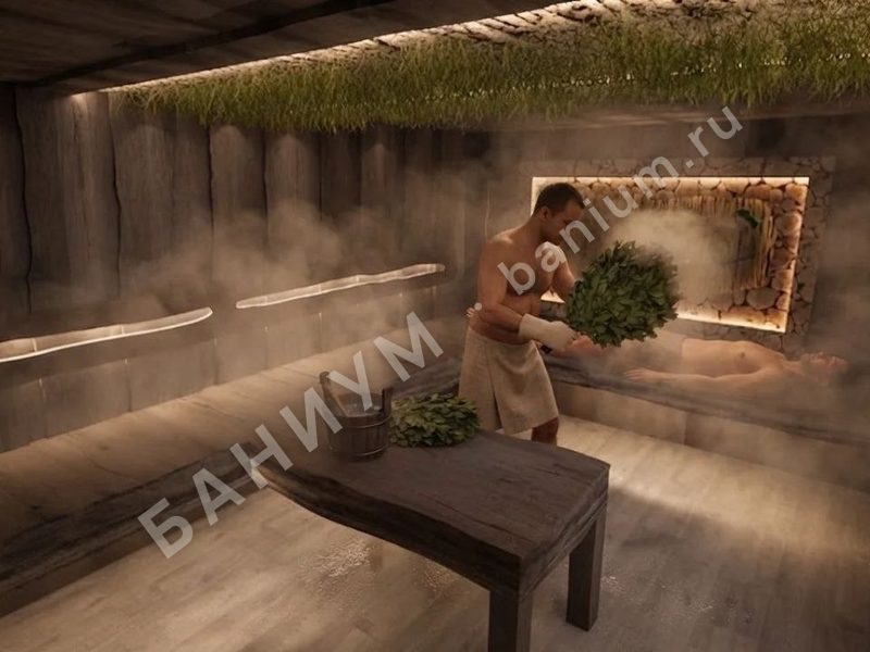 3D-визуализация парной: парильщик с веником, тёмное дерево, панно с подсветкой