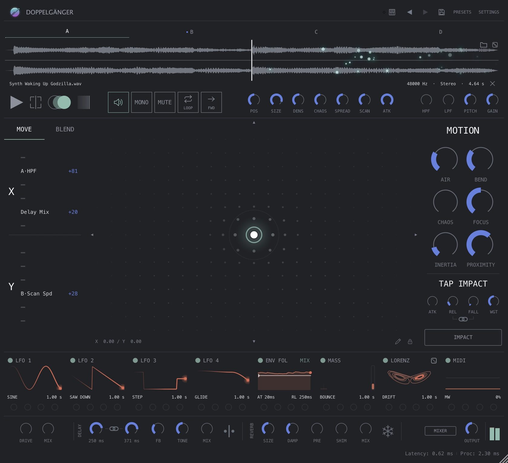 The Doppelganger plug-in interface: XY motion pad, four sample layers, modulator strip and bus effects