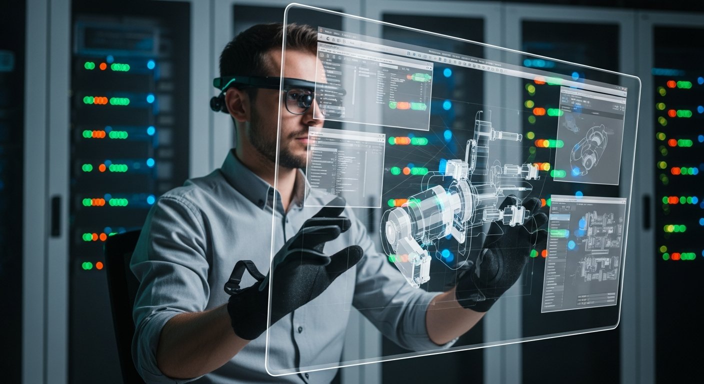 Инженер работает с 3D-моделью в САПР через виртуальный рабочий стол, серверная стойка в фоне