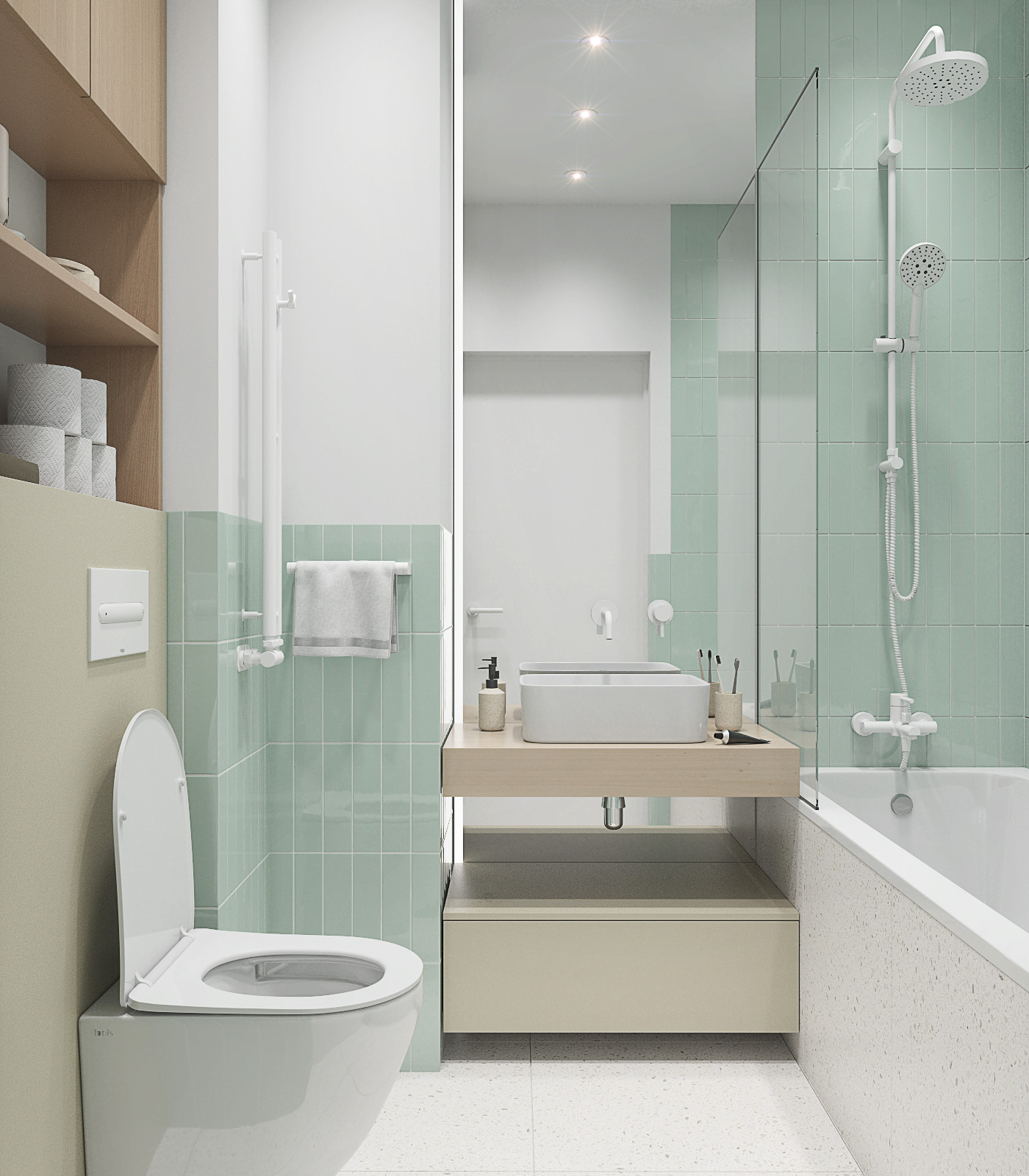 Светлая ванная комната с белыми смесителями. Зеркало от пола до потолка с подсветкой. Столешница под накладную раковину. подвесной унитаз. мятная плитка на стене в ванной и белый керамогранит. 