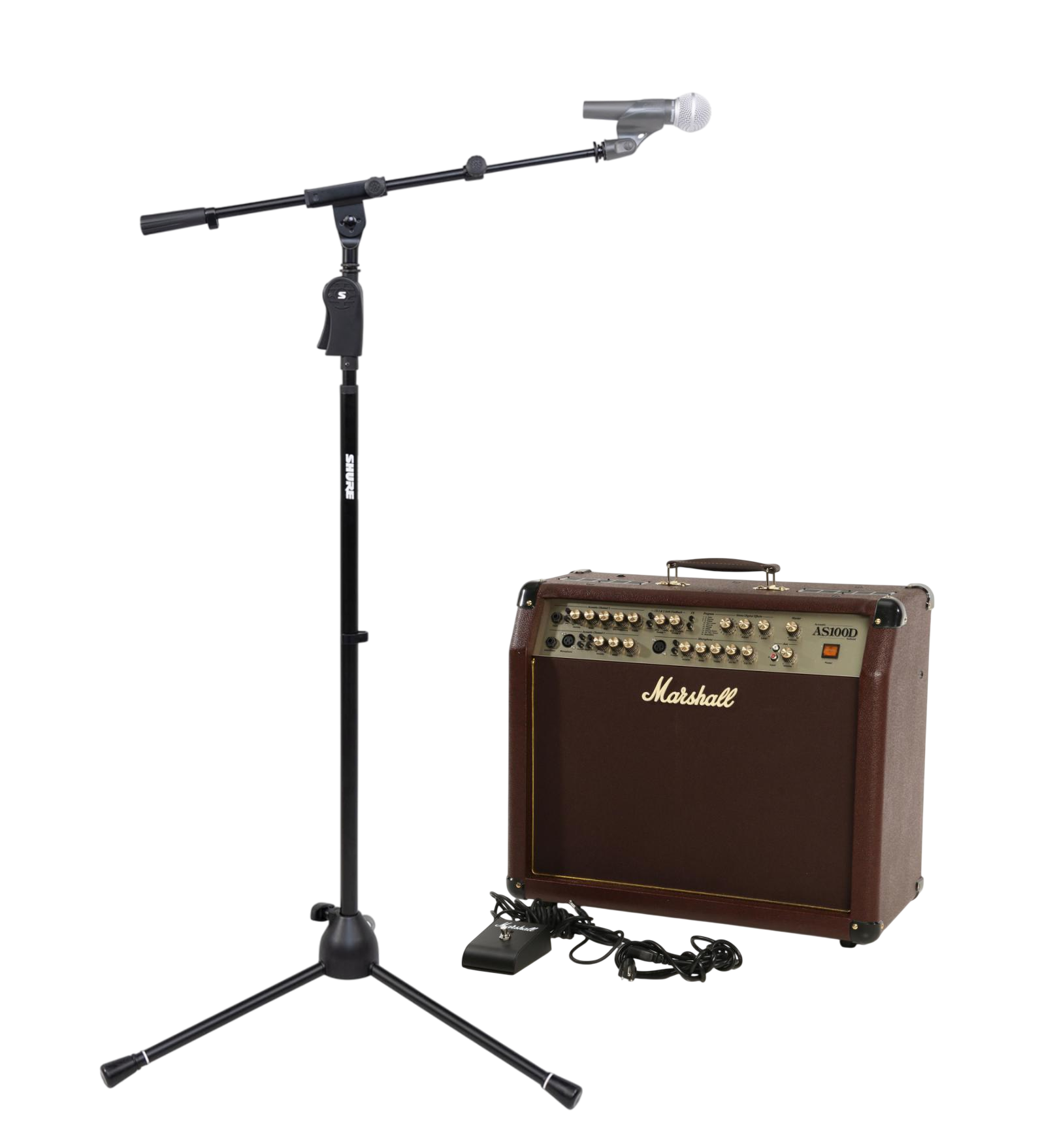 Акустический комбоусилитель Marshall AS100D и вокальный микрофон на стойке