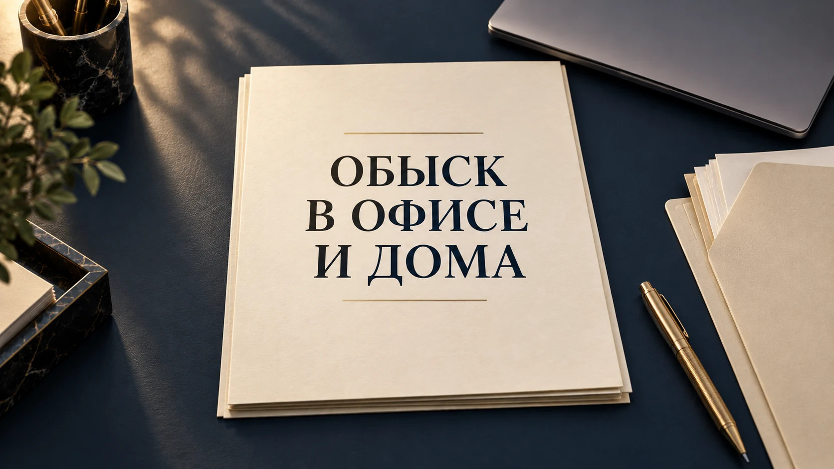 Концептуальная обложка статьи об обыске в офисе и жилище с заголовком «ОБЫСК В ОФИСЕ И ДОМА»