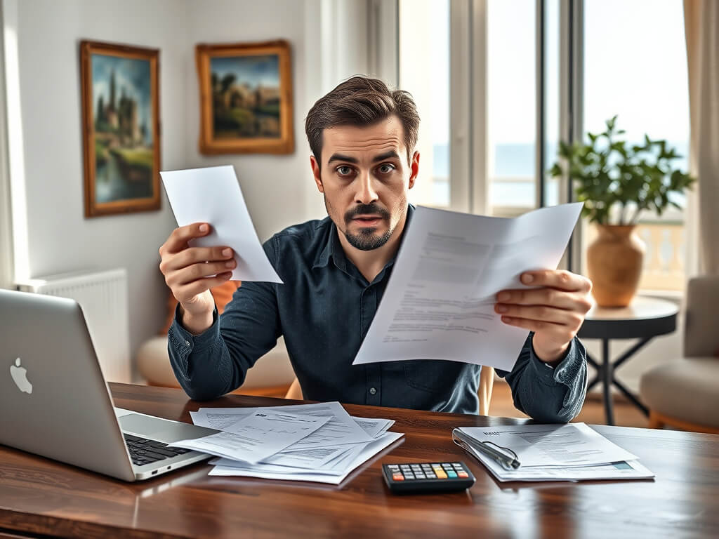 A man carefully reviewing his tax return while sitting at a table with a laptop and a stack of documents. A bank card and calculator lie nearby, symbolizing financial calculations. Through the window in the background, the sea is visible.