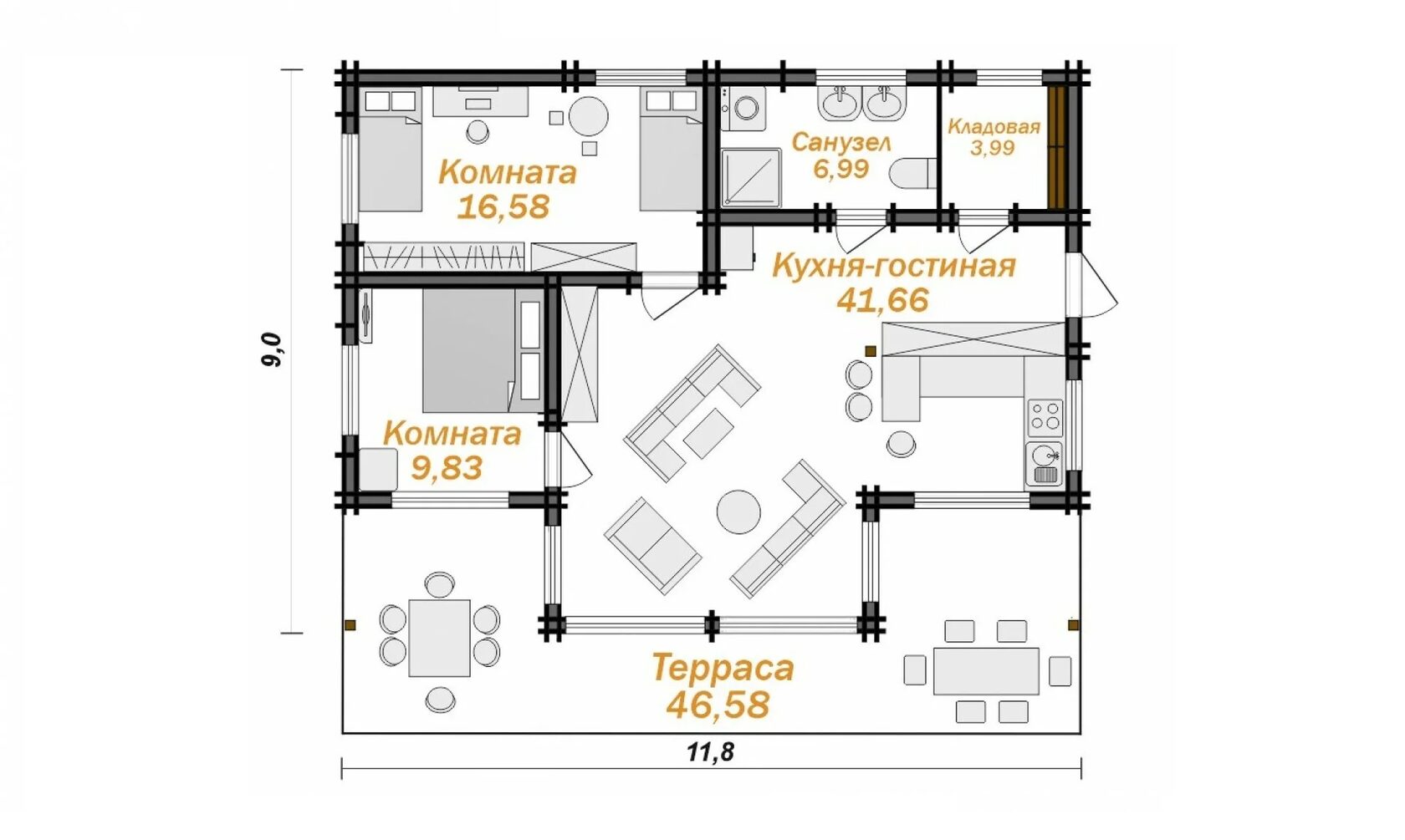 Планировка дома Оттава 2 — одноэтажный дом 116 м² с террасой 46 м²