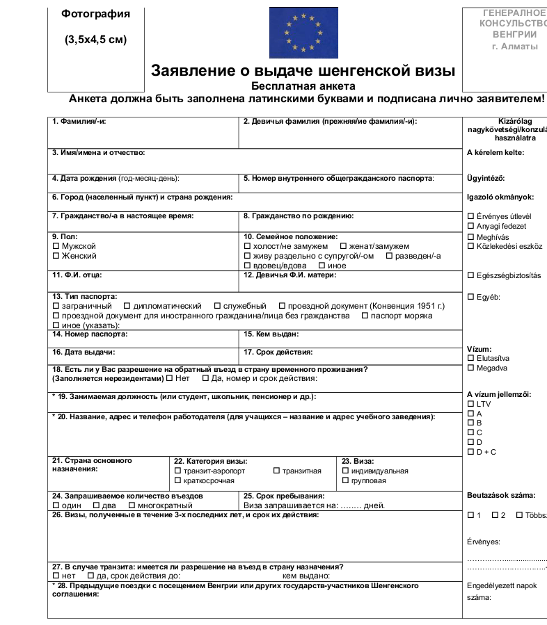 Заявление на выдачу визы шенген