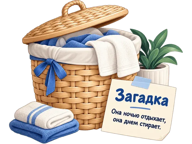 Плетёная корзина для белья с полотенцами и записка-загадка для домашнего квеста