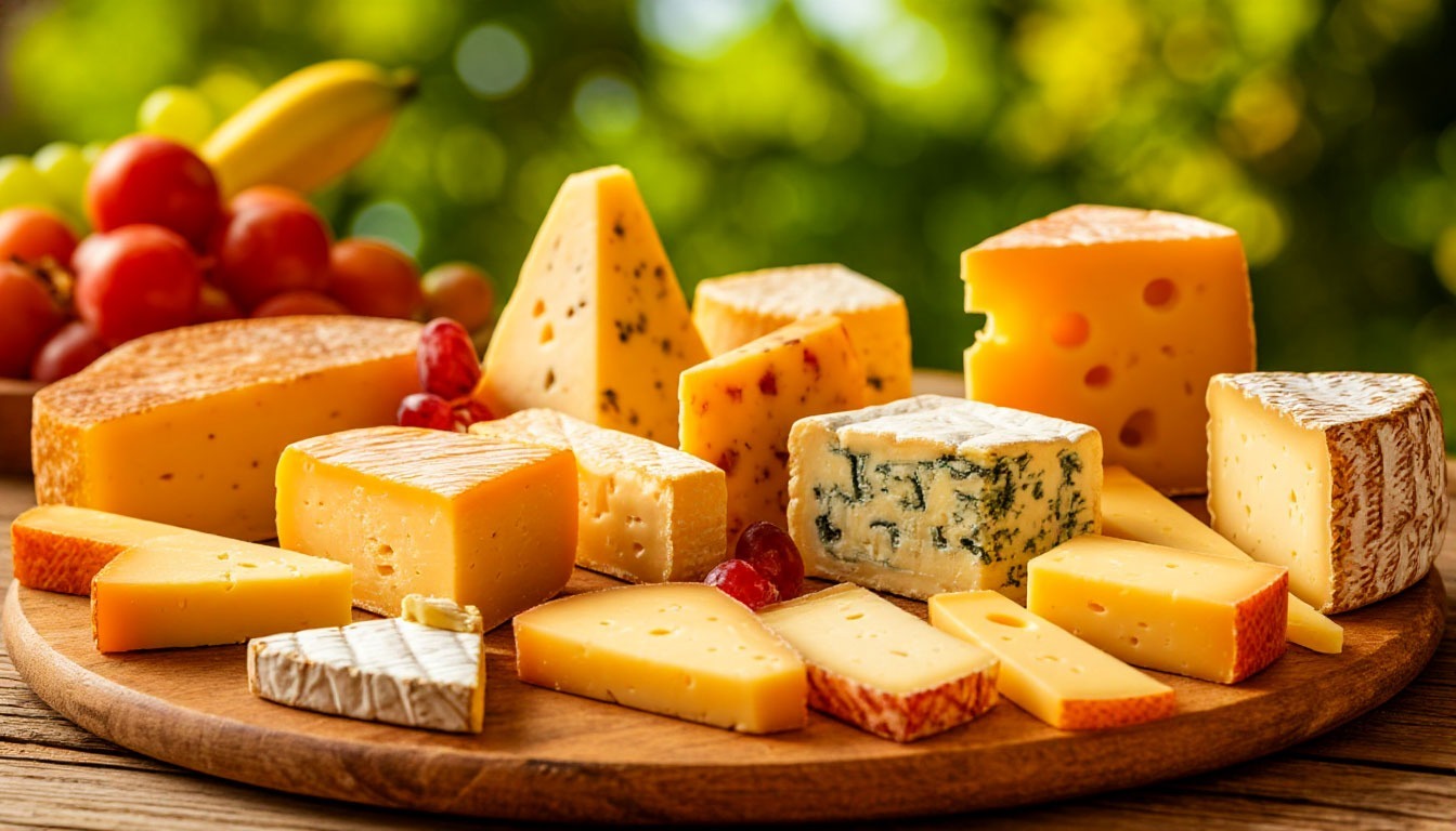 деревянная доска с разнообразием сыров ,на заднем плане лето зеленая трава