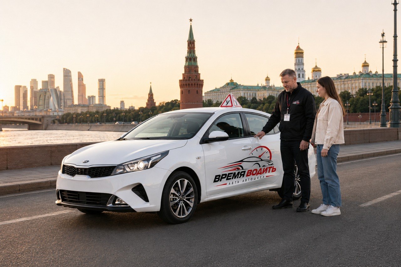 Инструктор и ученик у учебного автомобиля
