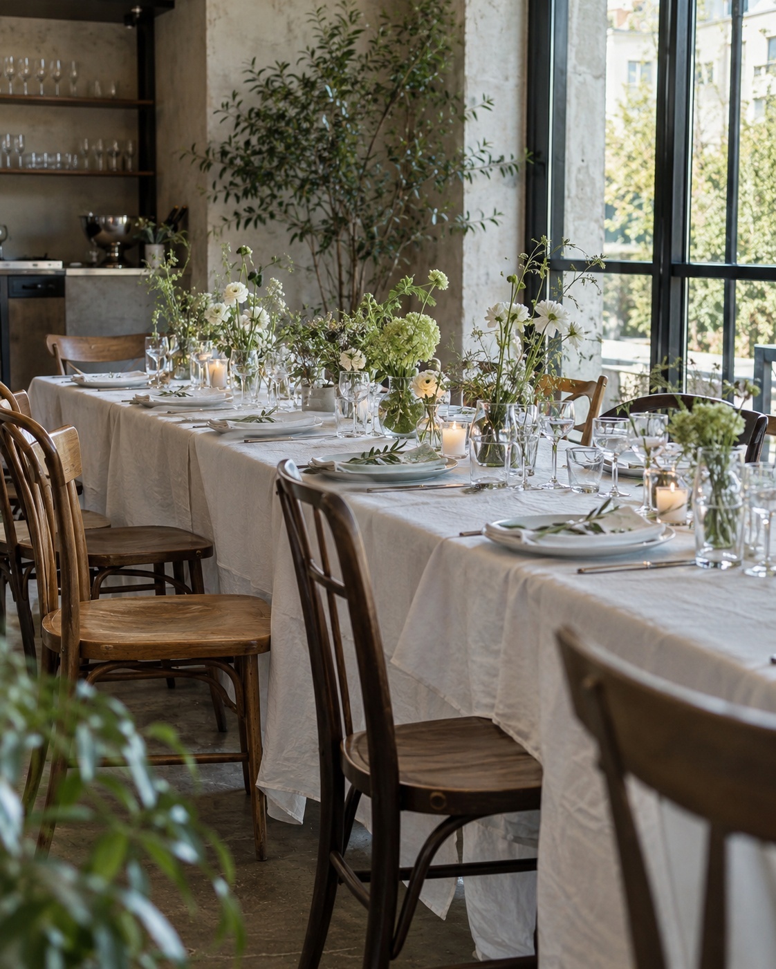 Камерная свадьба — небольшой длинный стол в современном ресторане