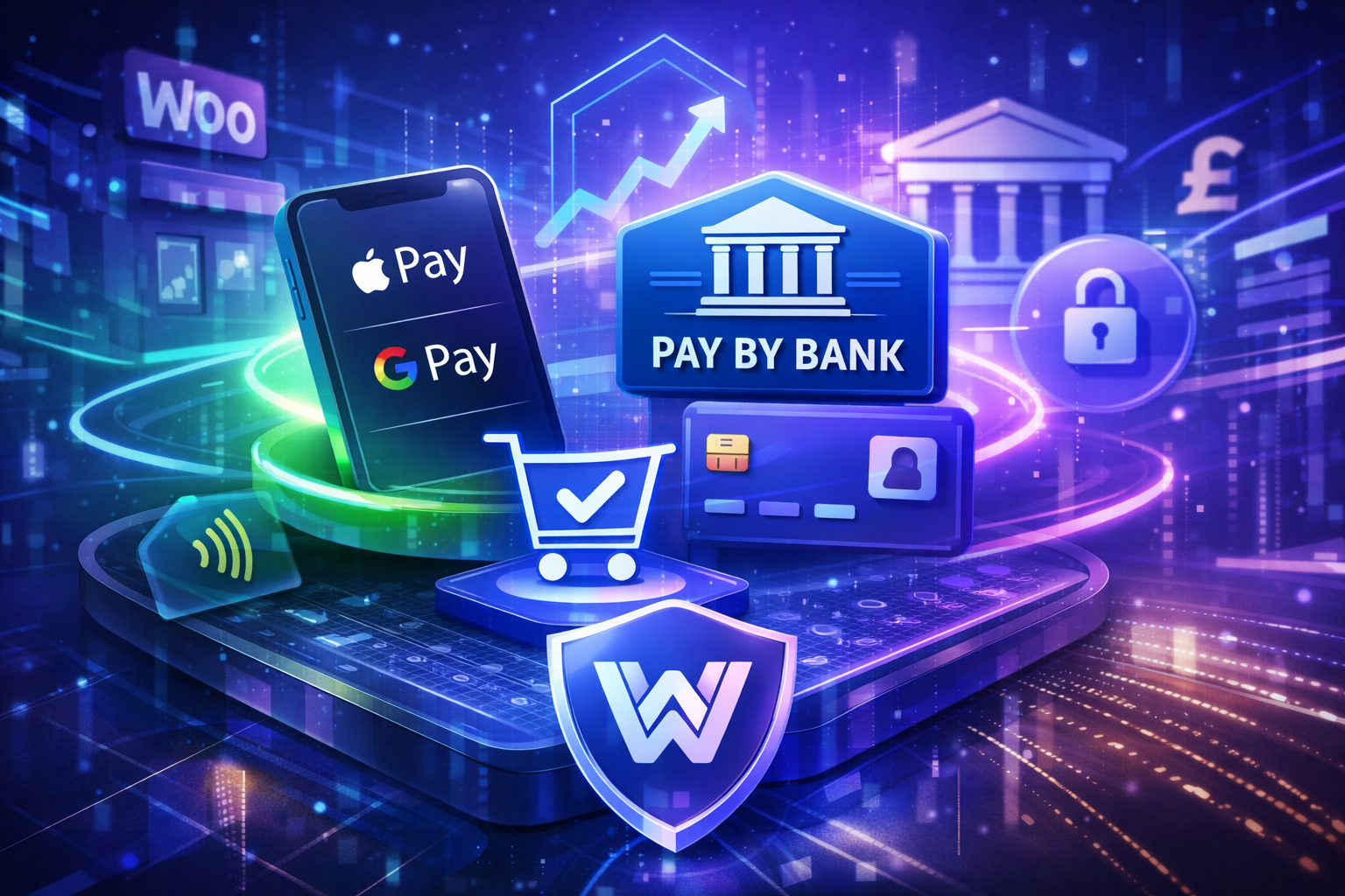 Futuristic digital wallets in WooCommerce illustration featuring Apple Pay, Google Pay, pay-by-bank payments, and Wallid branding with secure banking infrastructure.