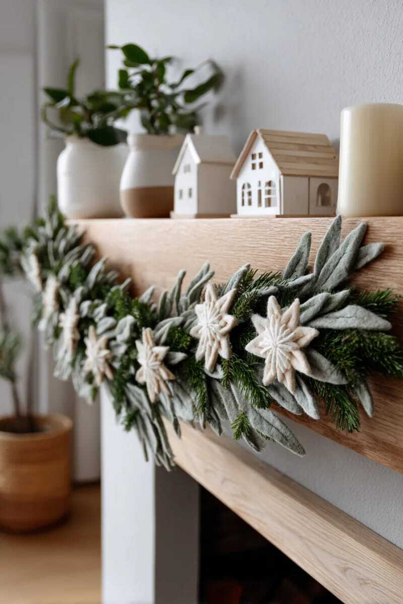 Гирлянда в скандинавском стиле с деревянными звездами и темно-зелеными шерстяными листьями 1