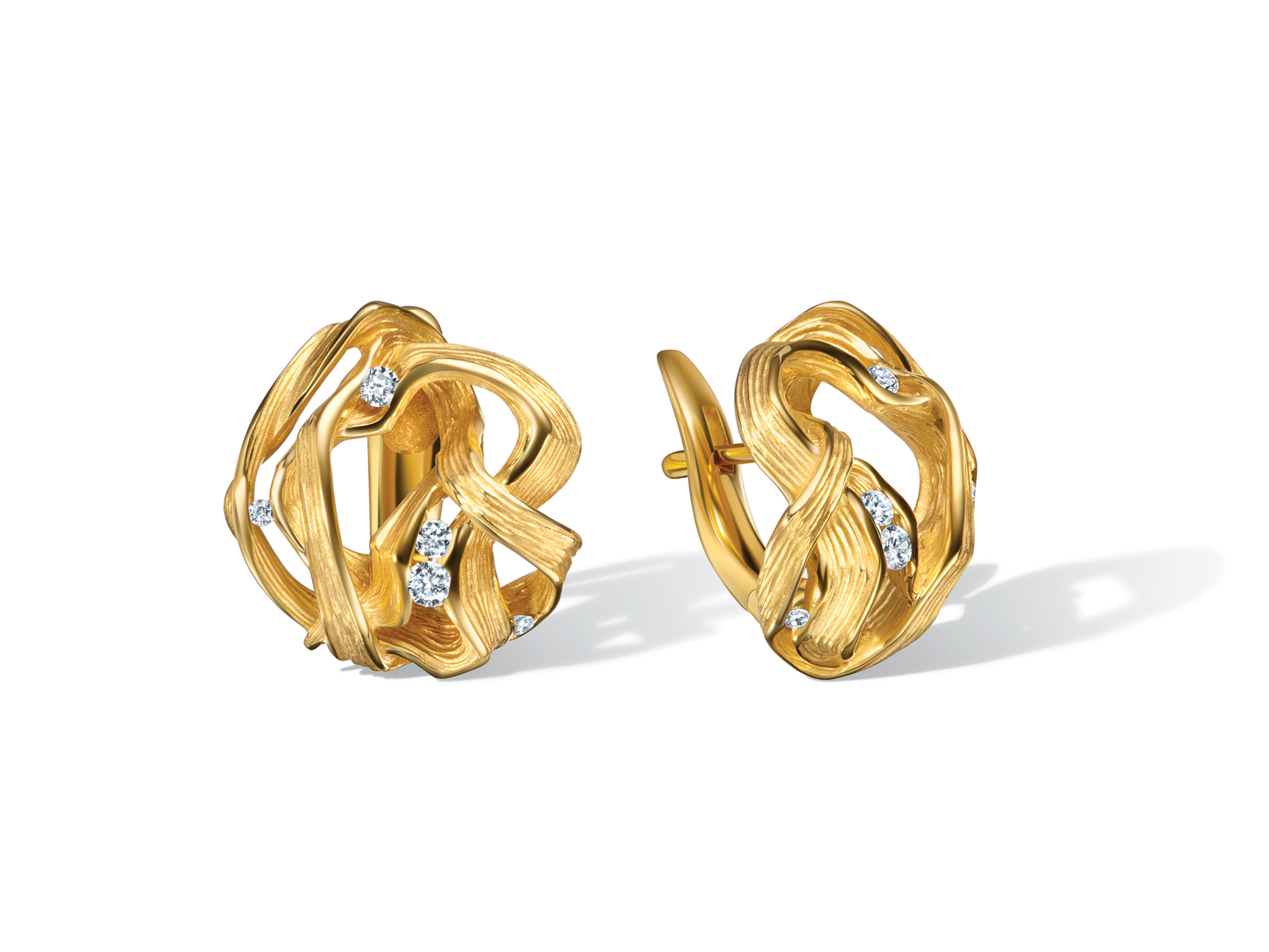 Золотые украшения с бриллиантами серьги с переплетением деталей и бриллиантами, высокое ювелирное искусство 