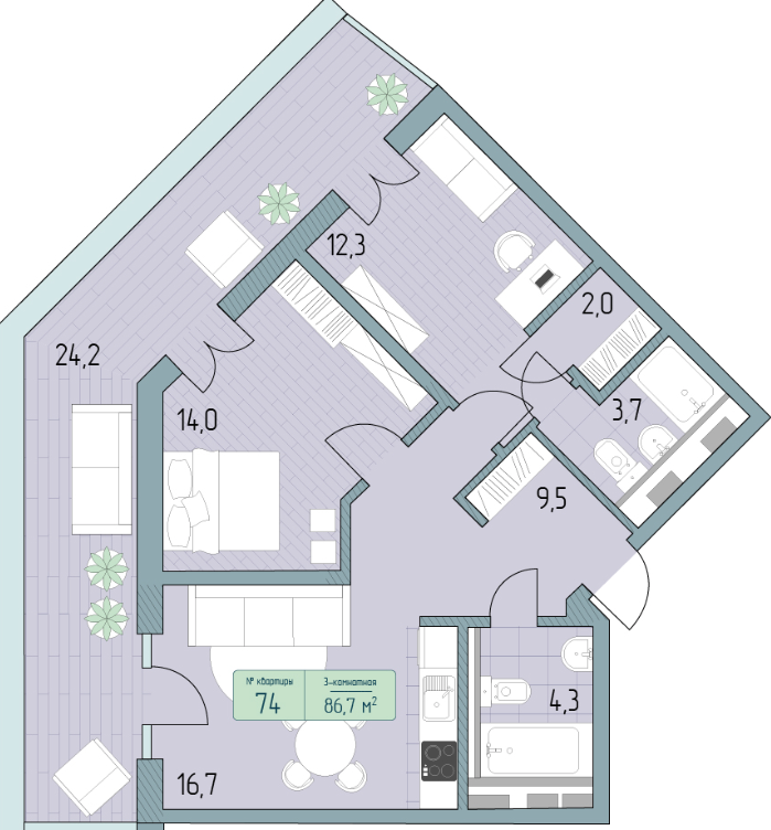 Планировка 3-комнатная 86,7 м²