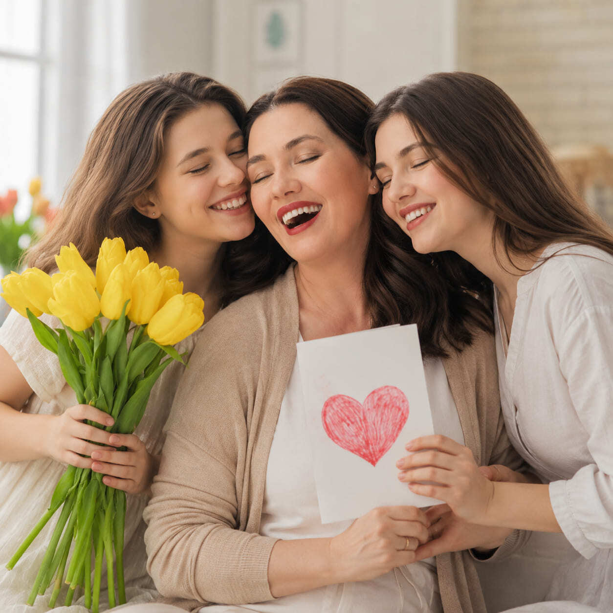 A heartfelt Mother’s Day moment with yellow tulips and a handmade card, celebrating love, gratitude, and family tenderness.