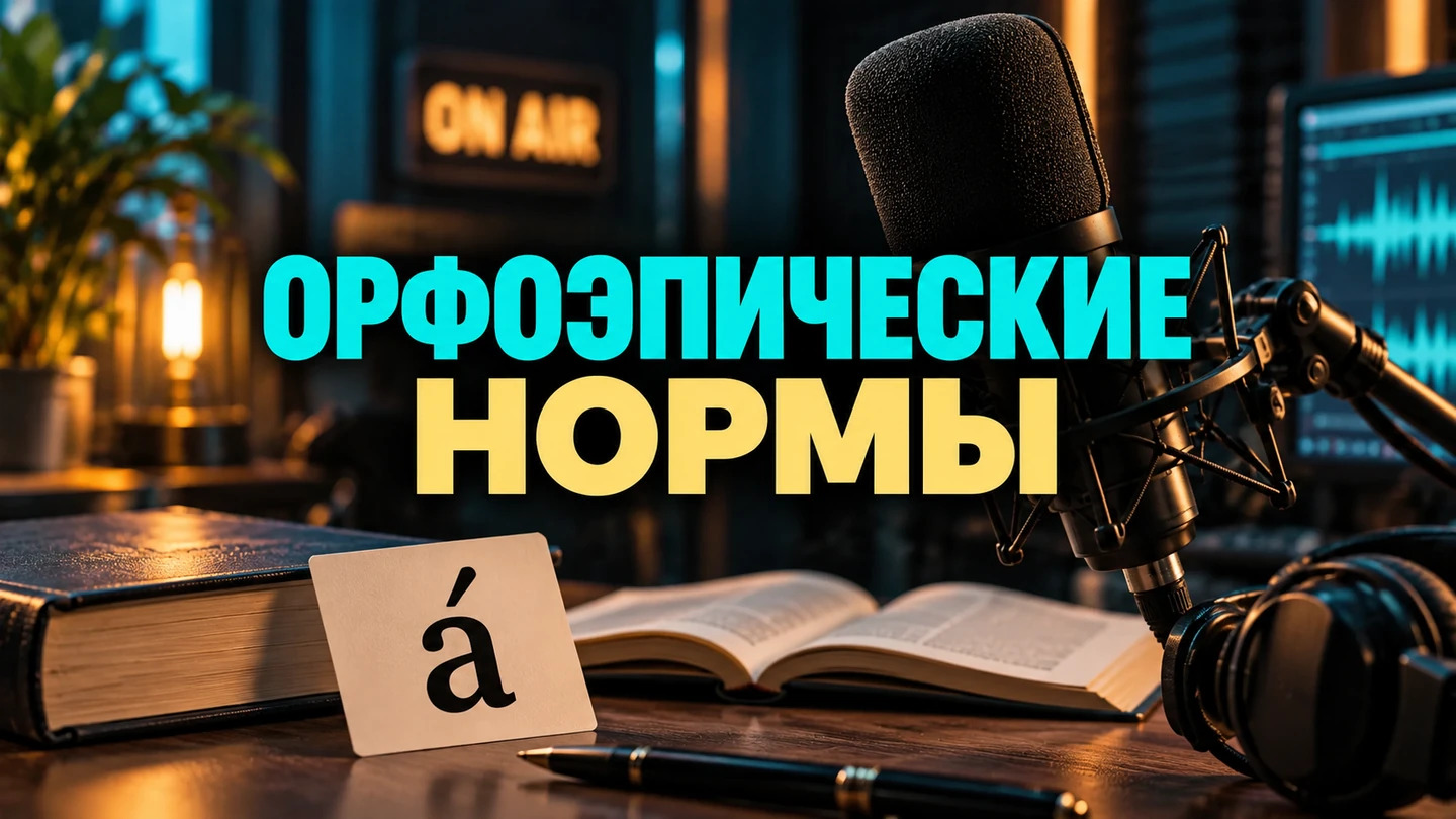 Обложка статьи «Орфоэпические нормы: как проверять произношение перед эфиром»: Карточка с ударением, книга, микрофон и надпись «Орфоэпия для эфира». Заголовок «ОРФОЭПИЧЕСКИЕ — НОРМЫ» встроен в изображение.
