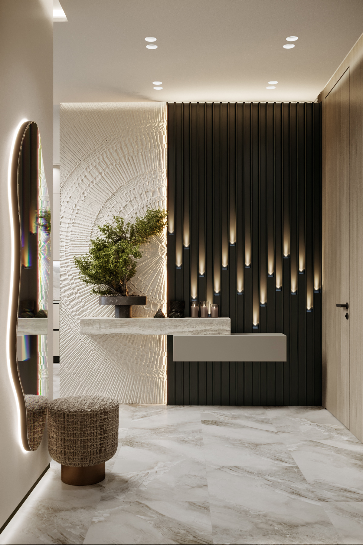 Дизайн интерьера холла в минималистичном стиле, с использованием натуральных оттенков