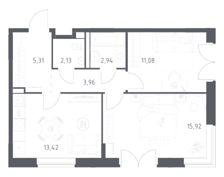 Планировка 2-комнатной квартиры 54,76 м² в ЖК «Квартал Западный»: корпус 9, секция 6, 12-й этаж