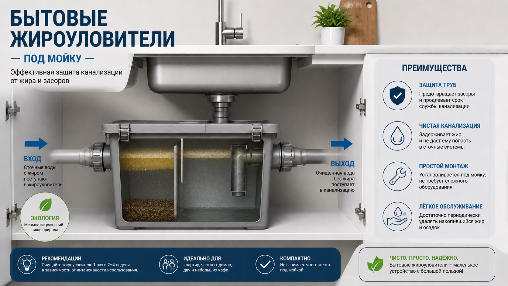 Схема установки бытового пластикового жироуловителя под кухонную мойку в разрезе: подключение к сифону раковины и вывод очищенной воды в канализацию.