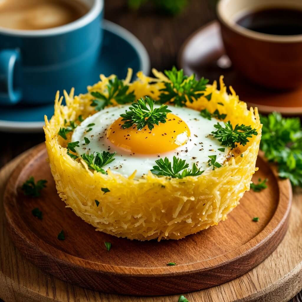 Хрустящая картофельная корзинка с яичницей-глазуньей, посыпанная зеленью на деревянной доске