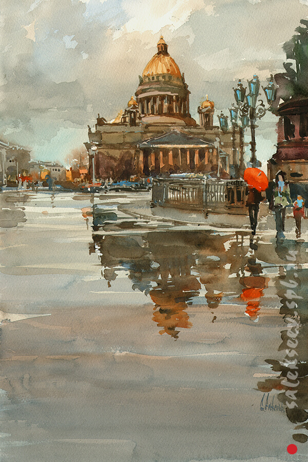 After the downpour. Views of the St. Isaac's Cathedral. Watercolor on paper, 56x36 cm