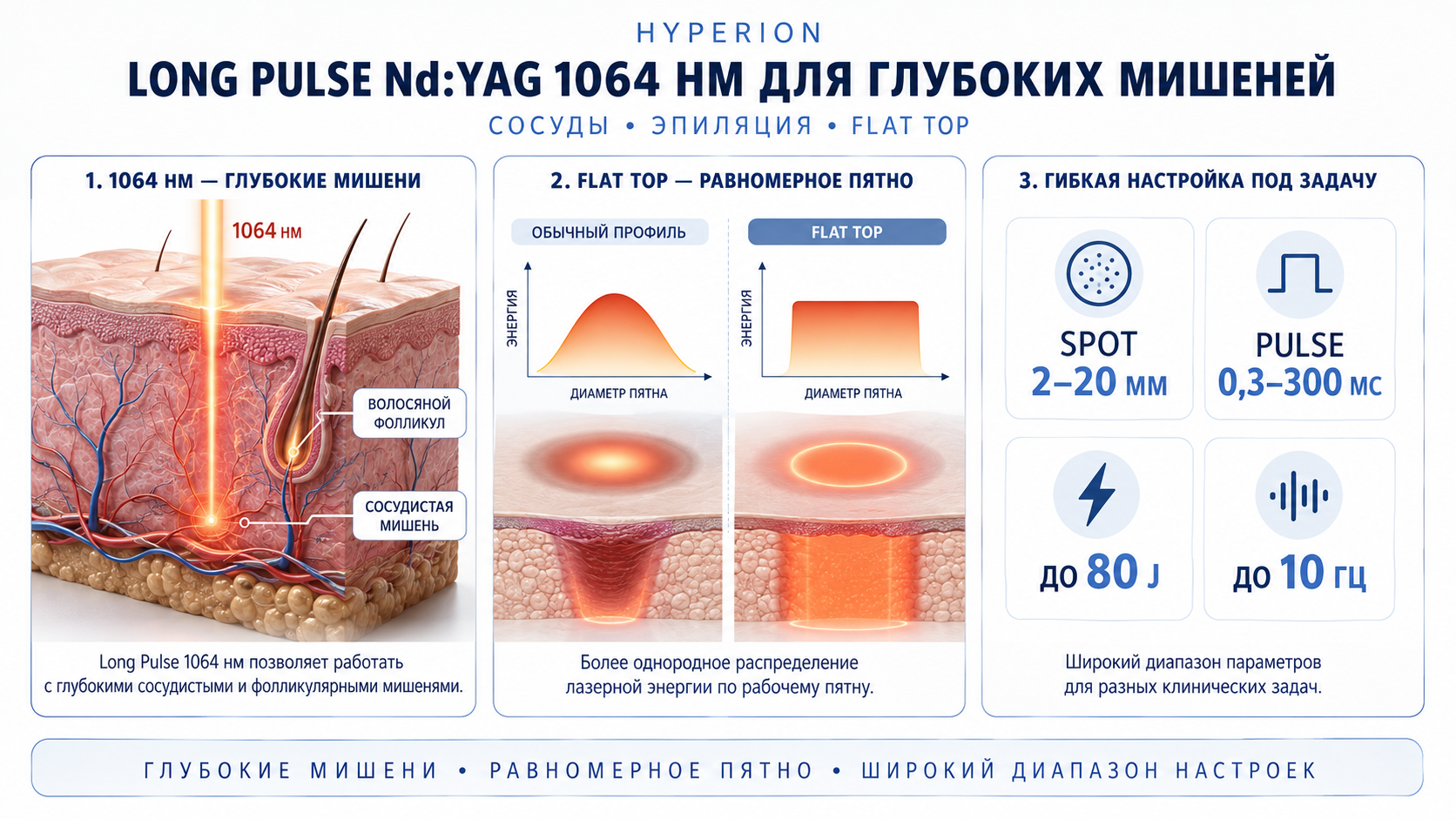 HYPERION: 1064 нм, Flat Top, 2–20 мм, 0,3–300 мс, до 80 Дж