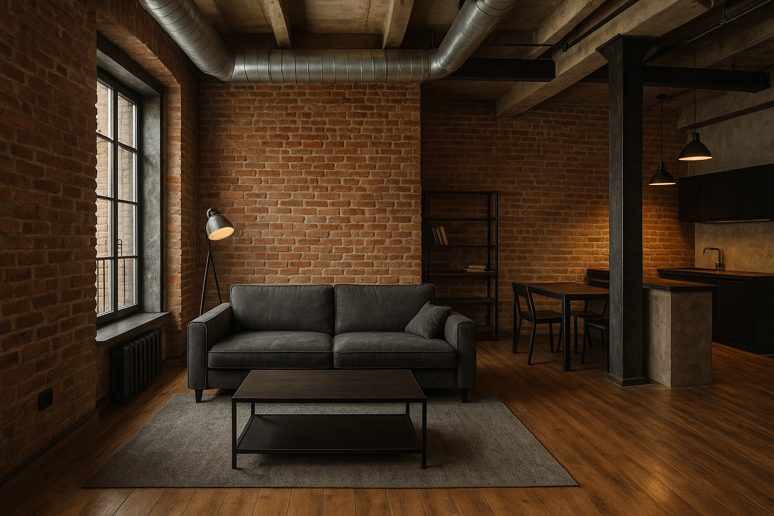 Лофт интерьер: квартира с кирпичной стеной, высокими потолками и металлическими элементами