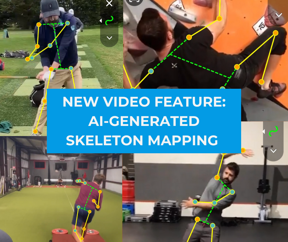 coachnow new video feature: ai-generated skeleton mapping on a blue background with white text. 4 screengrabs of videos showing skeleton tracking. one man playing golf, one man rock climbing, one man throwing a baseball, and one man stretching.