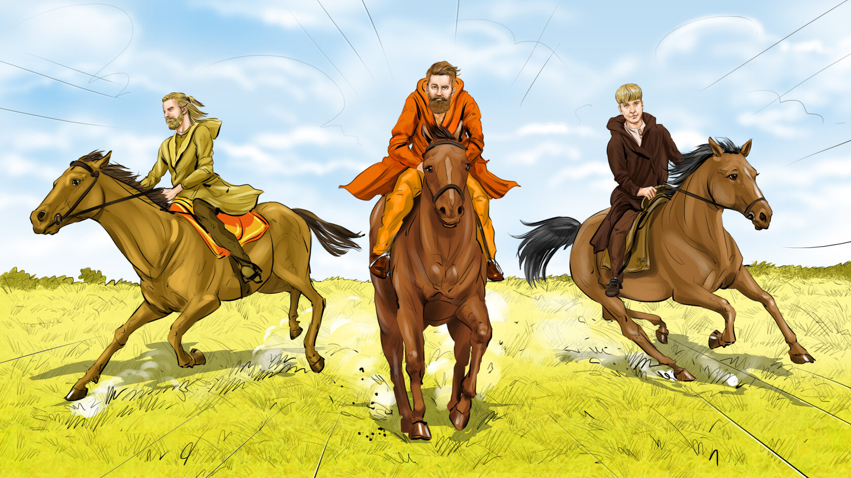 Сториборд мужчины на лошадях или конях на диком западе
