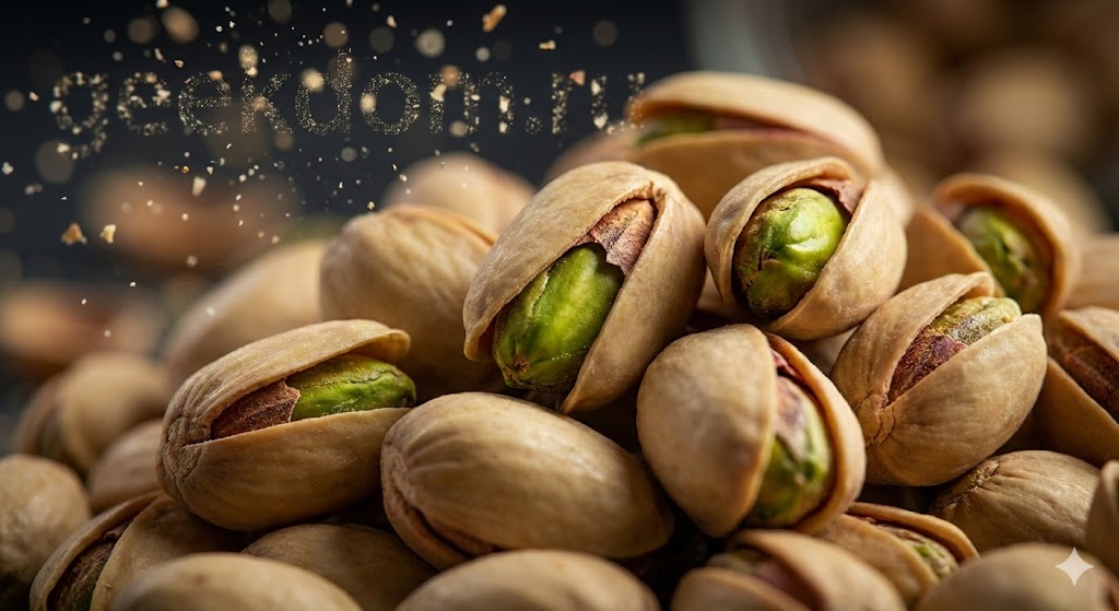 Крупный план раскрытых фисташек с ядрами ярко-зеленого цвета