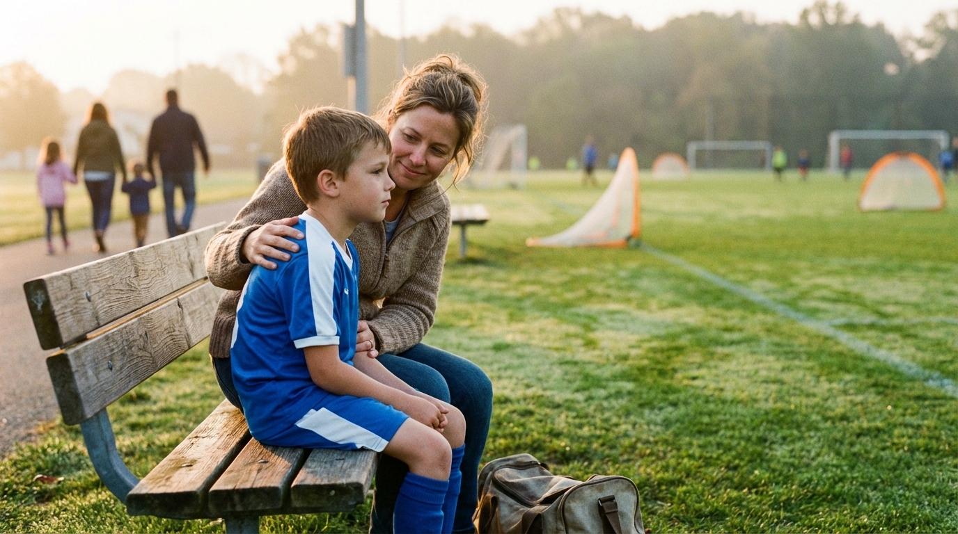 Мама обнимает сына на скамейке после матча