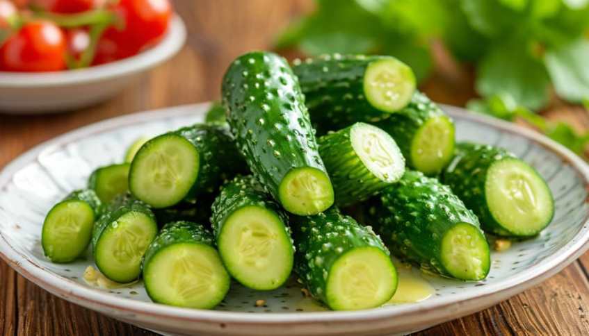 Малосольные огурцы в пакете с чесноком, укропом и пряностями