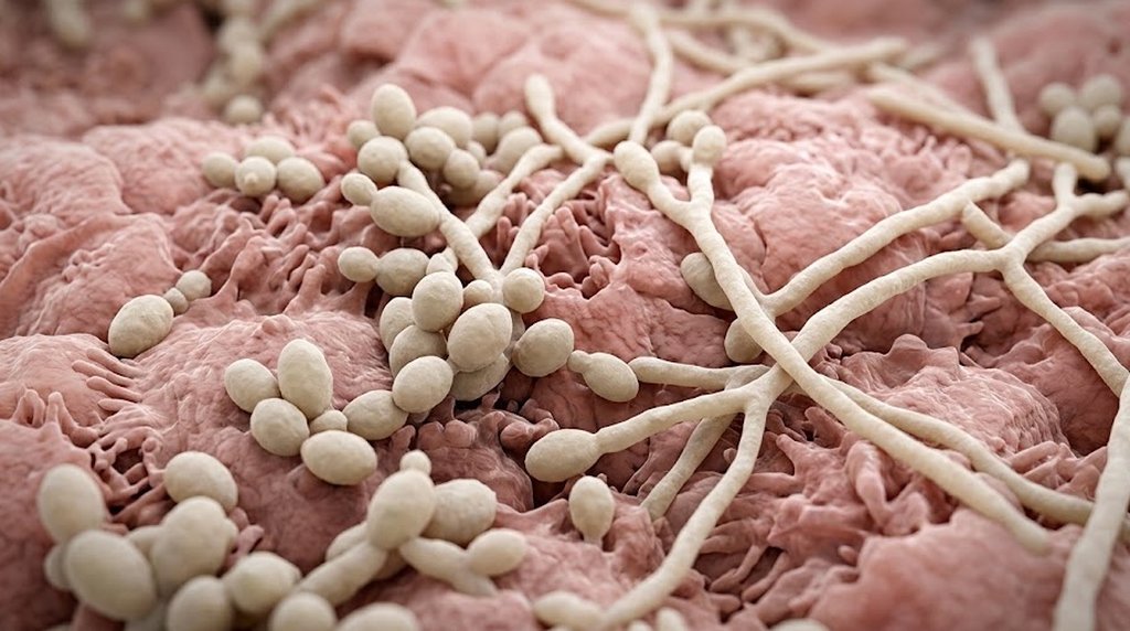 Дрожжевые клетки и гифы Candida albicans на эпителии слизистой, научная визуализация