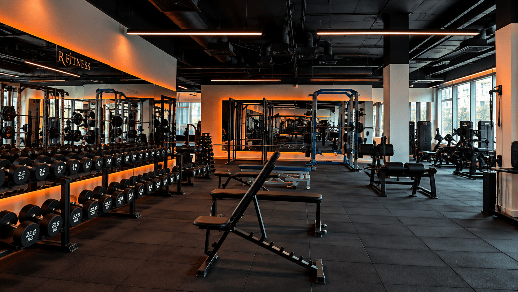 Зона свободных весов в фитнес-клубе R Fitness