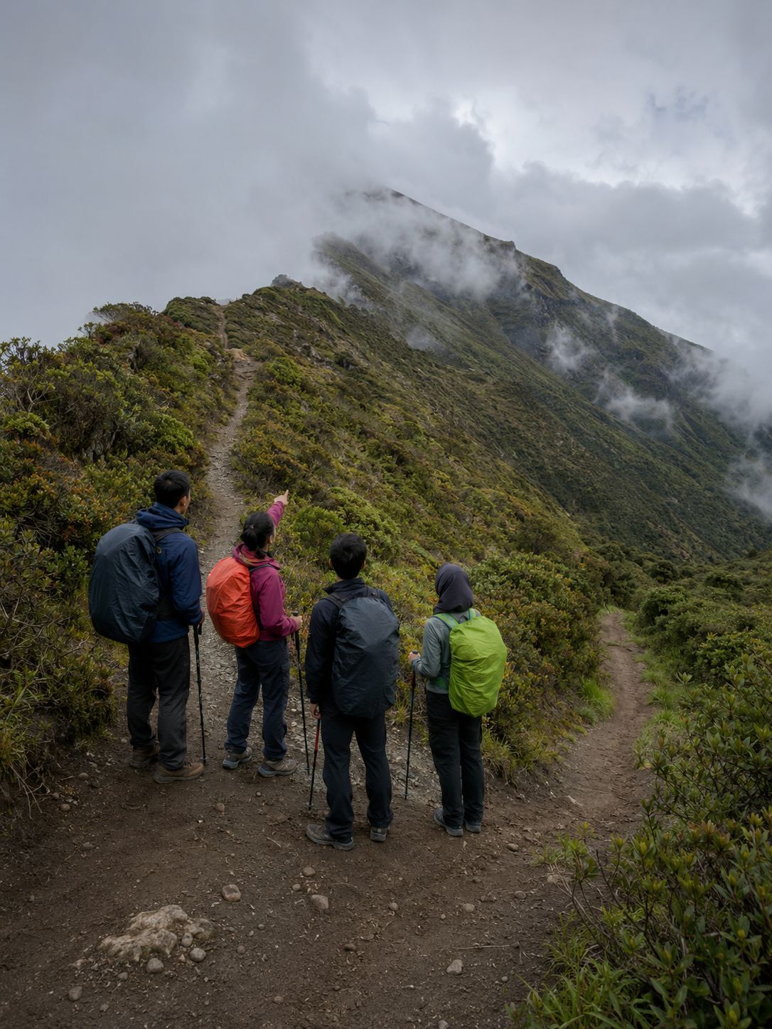 Pendaki memilih turun ketika awan menebal dan mulai menutup punggungan gunung