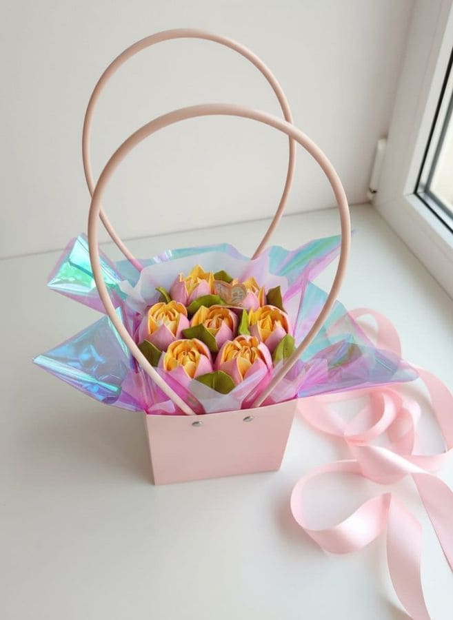 Тюльпаны из зефира в сумочке с ручками 11×11×13см 3