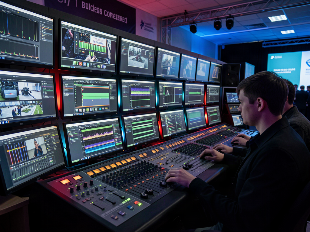 Business forum in Yamal with technical control console and speakers on modern stage, rows of chairs with Russian business entrepreneurs listening attentively, LED presentation screens, 60% dark slate, 20% red accents, 20% neutral white